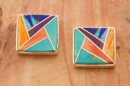Navajo Artist Calvin Begay Genuine Spiny Oyster Shell Sterling Silver Post Earrings